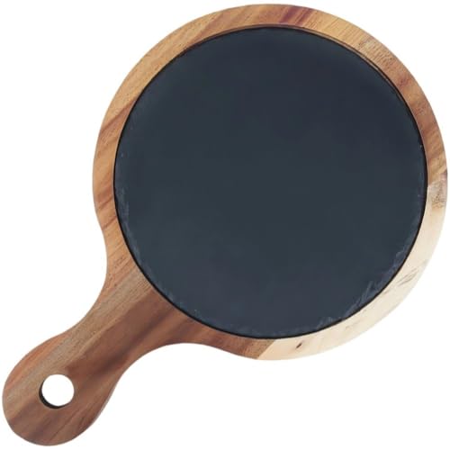 Ymxygz Tabla De Servir De Madera con Pizarra, Plato Redondo De Madera De Pino para Pizza con De Madera, Tablas Multiusos para Charcutería, Plato De Pizarra para Carne