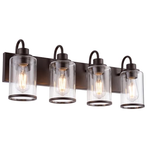 Image of Beionxii 4 Light Bathroom Light Fixtures, Oil Rubbed Bronze Vanity Lights with Clear Glass Shades, Vanity Lights Over Mirror, Wall Sconces for Kitchen Living Room Hallway Cabinet Porch, BX-VL01ORB-4CG