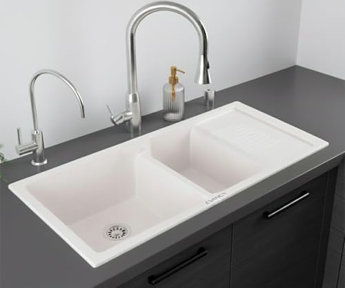 Image of EVANEX Quartz Sink for Kitchen | 45x20x9 inch Double Bowl Kitchen Sink with Drain Board | Matt Finish | Rosa Quartz Kitchen Sink with Sink Connector, Waste Pipe, Coupling and Drain Basket