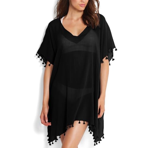 Damen Strandponcho Sommer Bikini Badeanzug Cover Up Strandkleid mit Quasten Boho Strand Tunika Bikini Beachwear Cover-Ups für Sommerstrand, Schwimmbad (Schwarz, Einheitsgröße)