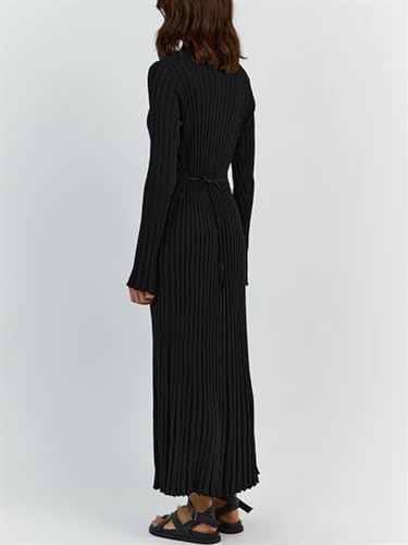 Image of Women's Long Sleeve Sweater Dress Ankle Length Fall Dress Vneck Knit Winter Dress