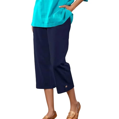 Women's Casual Pants Capris Summer Casual Capri Pants High Waisted Wide Leg Soft Knit Mid Length Workout Yoga Petite Travel (Navy, M)