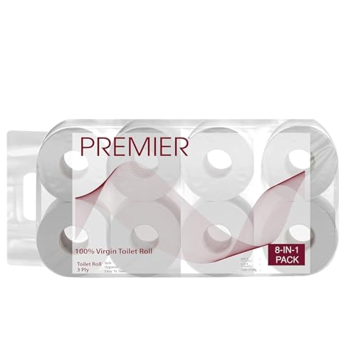Image of Premier 3 Ply Toilet Tissue Roll (2400 Pulls) | 300 Pulls x 8 Rolls | Biodegradable, Clog Free, Flushable, Easy to Tear | Extra Absorbent Toilet Paper Roll for Home, Office, Bathroom Tissue