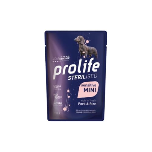 Prolife Umido Cane Adult Small Mini Sterilised 100gr, alimento completo per cani adulti sterilizzati di tutte le taglie gusto MAIALE e RISO | 12 bustine da 100 grammi l’una.