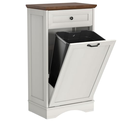AHB 13 Gallons Tilt Out Trash Cabinet Free Standing Kitchen Trash Cabinet Recycling Garbage Cabinet with Hideaway Drawer Pet Proof Trash Can Holder for Kitchen Living Room, Antique White