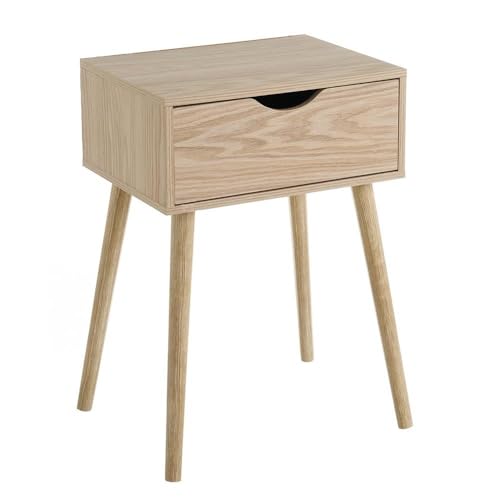 LOLAhome - Mesita de Noche de 1 cajón nórdica Beige de 40x30x57 cm con Patas de Madera de Pino. Estructura Ligera de líneas Rectas para modernizar el Dormitorio con un Estilo Natural