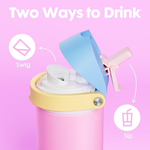 Image of 18 oz Insulated Water Bottle for Kids: Meoky Metal Water Bottle with 2-in-1 Straw and Spout Lid - Leak Proof, Cold for 24 Hours, Fits in Car Cup Holder for Girls School Sports, Fruit Punch