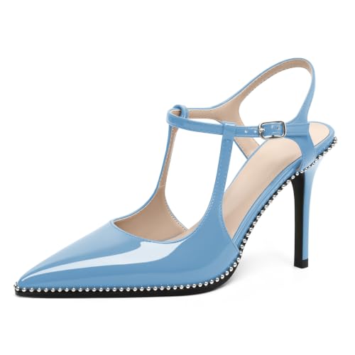 Image of SAMMITOP Womens High Heels Ankle Strap Pointed Toe Stilettos Patent Leather Beaded Pumps Dress Shoes 3.5 Inch