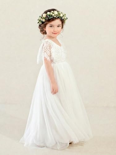 Image of 2Bunnies Girl Peony Lace Back A-Line Straight Tutu Tulle Party Flower Girl Dress
