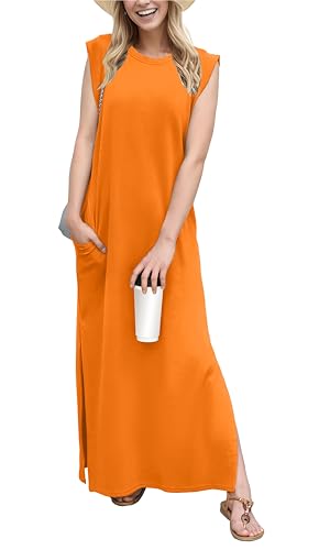 Image of GRECERELLE 2026 Women Year-Round Casual Round Neck Loose Split Wrinkle-Free Long Maxi Vacation Dress with Pockets (XXS-4XL)