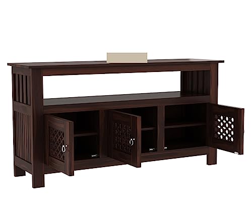 Image of Solid Sheesham Wood Wooden Sideboard Storage Cabinet & Chest of Drawer : Ideal for Living Room and Bedroom with 3-Shelf Storage (Hurtado, Walnut Finish)