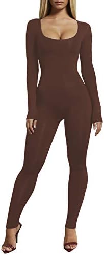 VWIWV Women's Sexy Long Sleeve Scoop Neck High Waist Bodycon Jumpsuits Solid Color One Piece Outfits