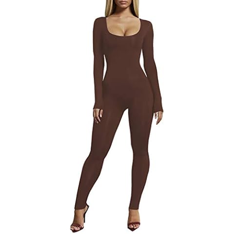 VWIWV Women's Sexy Long Sleeve Scoop Neck High Waist Bodycon Jumpsuits Solid Color One Piece Outfits (Brown, X-Large) Cover