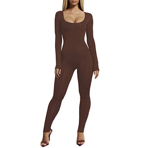 Image of VWIWV Women's Sexy Long Sleeve Scoop Neck High Waist Bodycon Jumpsuits Solid Color One Piece Outfits