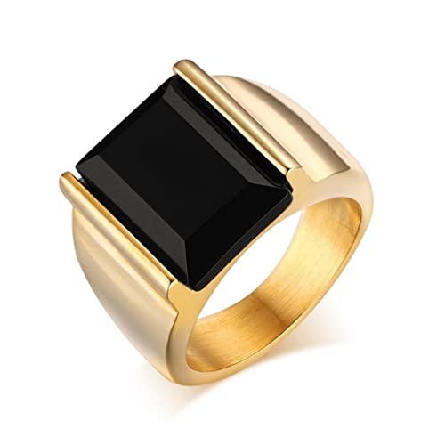 YAHOYA Anillo de Piedra Negra para Hombres Anillo de Compromiso de Acero Inoxidable de Color Dorado de Moda