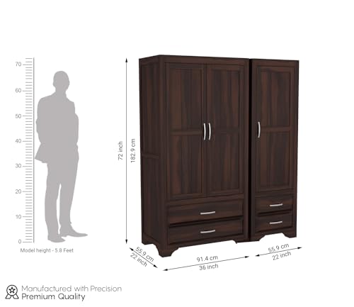 Image of Sheesham Wood Wooden 3 Door Wardrobe Organizer for Clothes | - Solid Wood Almirah with 4 Drawers, 4 Shelves - with Hanging Space Cupboard for Large Bedroom (Design 21)