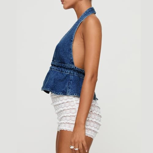 Women Vintage Y2K Denim Vest Sexy Halter Deep V Neck Backless Tie Up Sleeveless Tank Top Summer Peplum Jean Vests3
