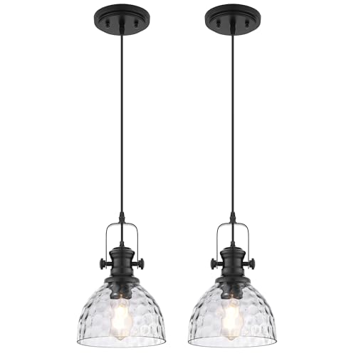 Image of 2-Pack 7.5 inch Black Pendant Light Fixtures, Hammered Glass Shade | Farmhouse Vintage Hanging Light Fixture for Kitchen Island Dining Room, Adjustable Height, E26 Base, AD-22151-1P2-BK-H