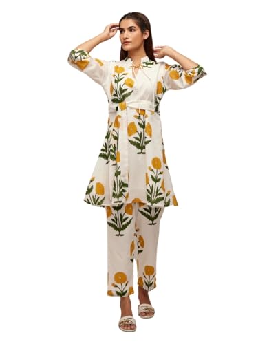 Image of Leriya Fashion White Kurti Set for Women | V-Neck Straight Kurta Sets for Woman | Summer Co ord Set For Women Stylish | Ethnic Kurtis for Office Outfit | Floral Printed Kurtis 3 /4 Sleeve