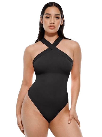 SHOP Women's Seamless Crossover Halter Thong Bodysuit – Waist Sculpting Tummy Control One-Piece Shapewear, Slim Fit Invisible Under Outfits-image-29