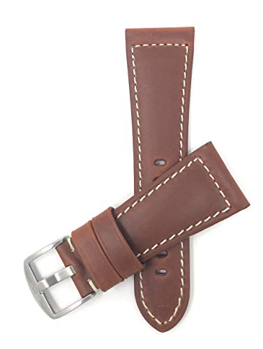 Bandini 24mm Mens Italian Leather Watch Band Strap - Brown - White Stitch - Buffalo Pattern