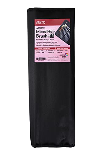 Image of Brustro Artists Mixed Hair Brush - Set of 15 (5 Flat, 1 Fan, 4 Round, 4 Filbert, 1 Angle) in PU Bag | Long Handle, Suitable for Oil Paints, Acrylic Paints, Watercolour.