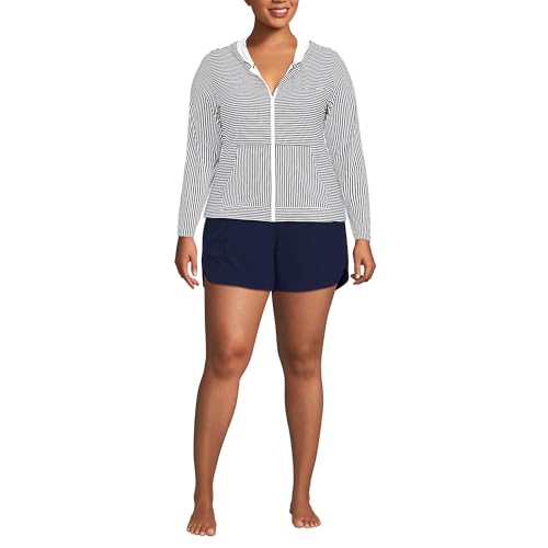 Lands' End Women's Long Sleeve Hooded Full Zip UPF 50 Rash Guard Medium Deep Sea Navy Mini Stripe