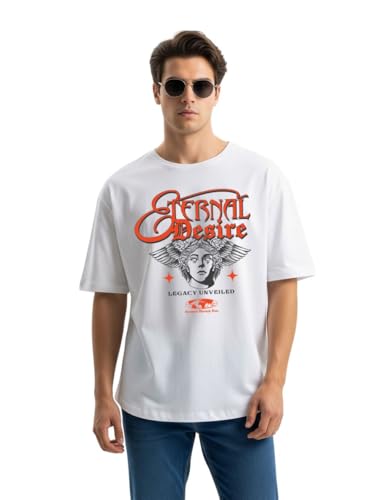 Image of Cotton Blend Oversized Baggy Fit Drop Shoulder Round Neck Graphic Printed Half Sleeve T-Shirt Combo for Men (Pack of 3)