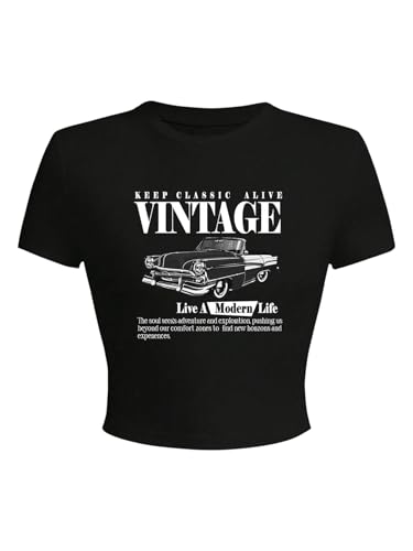 SOLY HUX Women's Graphic Tees Letter Car Print Crop Tops Short Sleeve Crew Neck Summer T Shirt