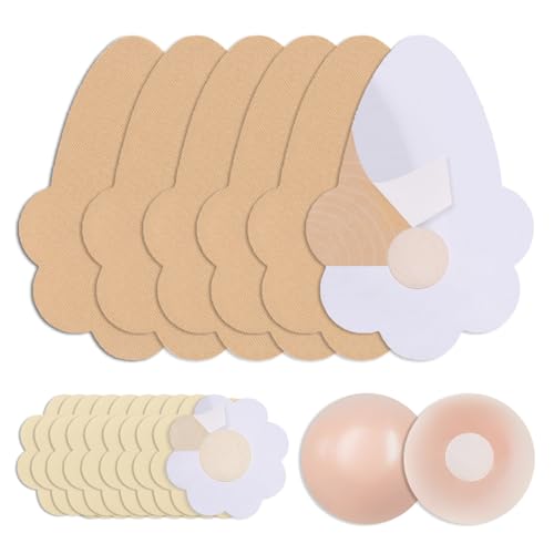 IOGOG Boob Tape Kit - 3 Pairs Breast Lift Tape, 5 Pairs Sticky Nipple Covers, 1 Pair Silicone Adhesive Nipple Pasties, Invisible Sweatproof Boobtape for Large Breasts,Boob Tape for Women A-G Cup