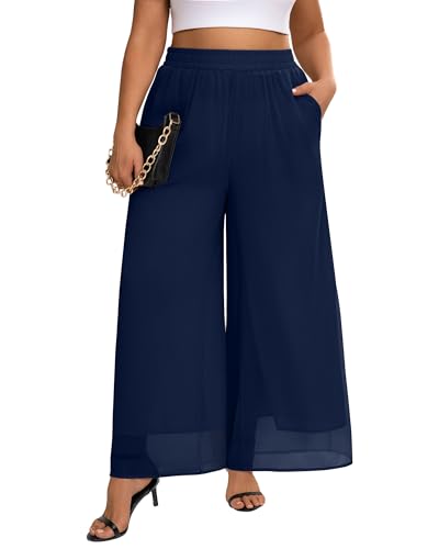Plus Size Women's Chiffon Wide Leg Pant Flowy Palazoo Pant Loose Fit High Waisted Trouser for Ladies