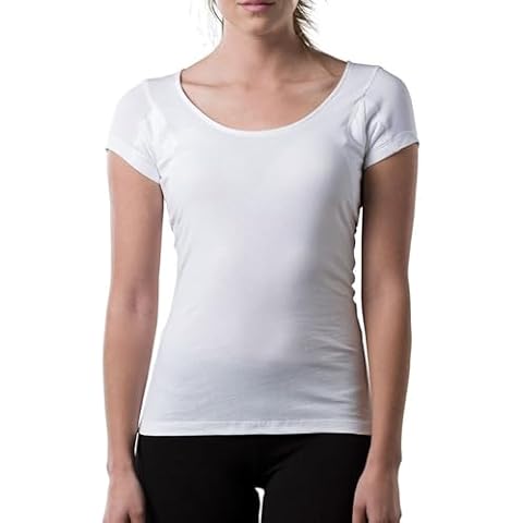 Women's Sweatproof Undershirt | Cotton Scoop Neck T-Shirt with Underarm Sweat Pads | Original Fit | Aluminum-Free Alternative | White | Medium Cover