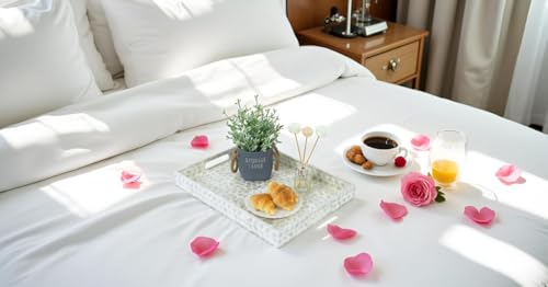 CLAYNIX Serving Tray 15.7" X11.8", Lacquer Mother of Pearl Inlay Mosaic Tray, Rectangle Wooden Marble Tray with Handles Trays for Tea, Breakfast in Bed, Table (White)