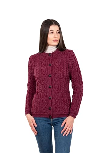 Image of SAOL 100% Merino Wool Ladies Irish Buttons Knit Cardigan Lumber Jacket with Pockets
