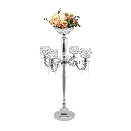 5 Arm Candle Holder with Flower Vase for Wedding Centerpieces, 35inch Candelabras Table Centerpieces for Party Event, Metal Candelabra Centerpieces for Christmas Wedding Party Dinner (Silver)