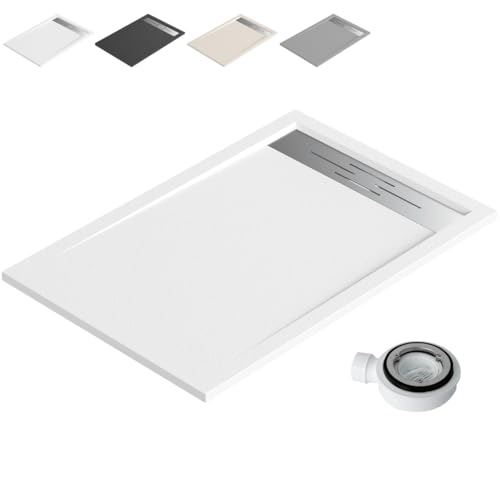 Plato Ducha Resina Antideslizante con Valvula y Rejilla | Textura Piedra | Blanco | 90 X 180cm