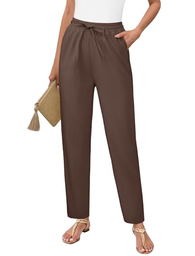 DLOODA Womens Cropped Linen Pants, High Waisted Drawstring Casual Lounge Ankle Trousers with Pockets Beach Vacation Outfits Brown