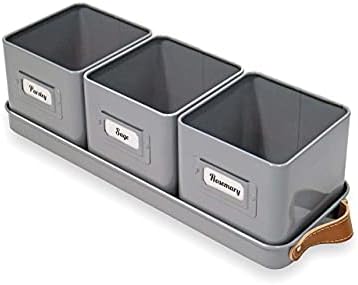 Herb Planter Pots, set of 3, with Name Cards and Drainage Tray, Indoor Metal Vintage French Square Enamel, for Kitchen Windowsill and Home Garden. (Battleship Grey)
