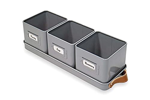 Herb Planter Pots, Set Of 3, With Name Cards And Drainage Tray, Indoor Metal Vintage French Square Enamel, For Kitchen Windowsill And Home Garden. (Battleship Grey) #TOP4