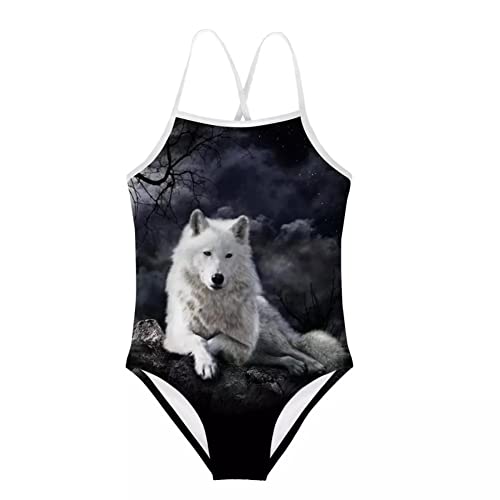 Cumagical White Wolf Girls One Piece Swimsuit Bathing Suit Lovely Animal Print Swimwear Beachwear