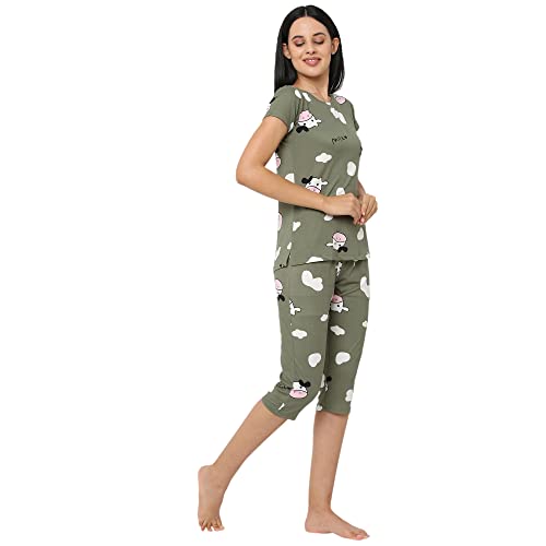 Image of Sweet Dreams Women Printed Round Neck Half Sleeve Poly Brush Top & Capri Set