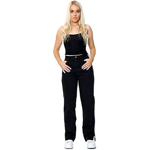 Denim Desire Women Black Dark Wash High Waisted Straight Leg Side Split Jeans Size 6 to 14 (Black, 8) Cover