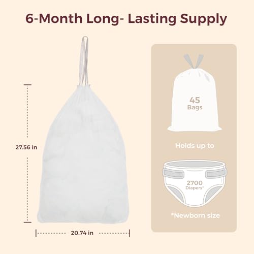 Image of Momcozy 13 Gallon Drawstring Diaper Pail Bags, 45 Count Trash Bag Refills, 3 Rolls x 15 Bags, Compatible with Momcozy Diaper Pail, Ultra-Thick Disposable Diaper Disposal Bags for Nursery