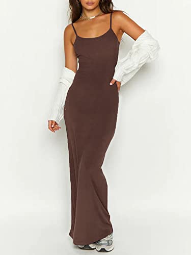 Lillusory Women's Summer Dresses 2023 Long Sexy Bodycon Maxi Fitted Tight Birthday Slip Sundress Sun Cute Elegant Spaghetti Strap Dress Brown #TOP1