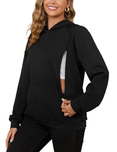 Nursing Sweatshirt Hoodie for Breastfeeding with Hidden Zippers Maternity Breast Pumping Tops Kangaroo Pocket