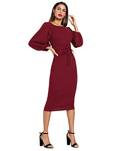 Floerns Women's Lantern Sleeve Tie Waist Midi Office Dress Burgundy L