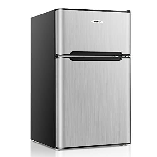 COSTWAY Compact Refrigerator, 2 Reversible Door 3.3 CU.FT. Mini Fridge and Freezer Compartment