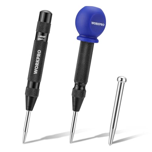 WORKPRO 2PCS Automatic Center Punch with an Extra Replacement Tip, Adjustable Spring Loaded Center Punch, Metal Punch Tool, Center Hole Punch for Wood, Metal, Plastic 2pcs Auto Center Punche