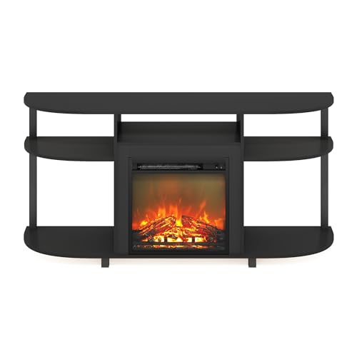 Image of Furinno Jensen Fireplace TV Stand, Curved Entertainment Center, TV Console for TV up to 55 Inch with Fireplace and Open Storage, for Living Room, Bedroom, Americano