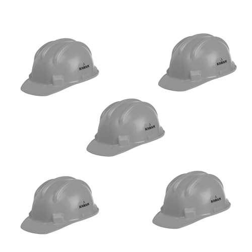 Image of KARAM PN501 Safety Helmet for Men Industrial and Construction Use| Manual Adjustment Type with Adjustable Chin Strap| Triple Corrugation and is Certified Safety Helmet Grey | Pack of 5